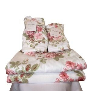 Laura Ashley 6 Piece Bathroom  Towel Set Pink Roses 100% Cotton Velour NEW